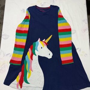 Mini Boden Navy Unicorn Dress with Rainbow Stripe Sleeves
